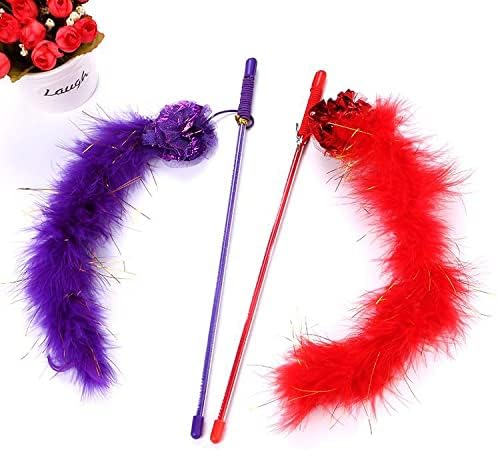 PETCTN Red Cat Teasing Stick Toy - Interactive Stick with Sparkly Feather Boa & Crinkle Ball for Indoor Cat Training & Fun