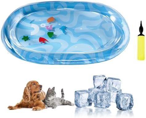 DHorse Pet Water Bed,Thickened Sensory Water Playmat for Dogs Cats with Fish Toys,Cooling Mat,Puncture Proof Cooling Mat,Washable Inflatable Playmat,Summer Indoor Interactive Pet Toys (Blue A,Medium)