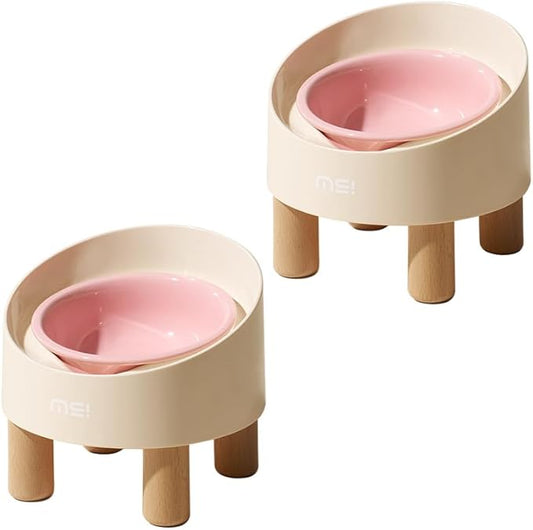 MS!MAKE SURE Ceramic Elevated Cat Bowls with Wooden Stand Set, Adjustable Raised Pet Bowls for Small Dogs & Cats, Anti - Slip Rubber Pad, Leak - Proof, Lead & Cadmium Free, Whisker - Friendly, Pink