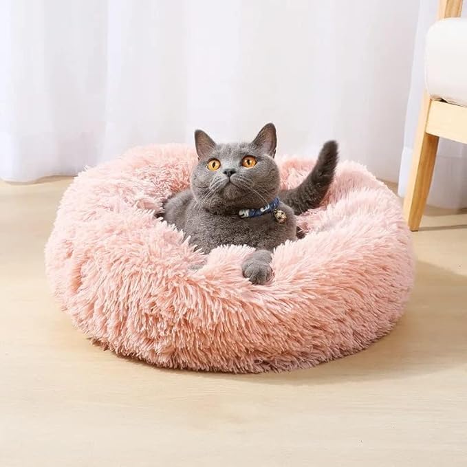 Cat Beds for Indoor Cats - Cat Bed Washable 20/24 inches, Dog Beds for Small Medium Dogs, Anti Anxiety Round Fluffy Plush Faux Fur Pet Bed, Thick Bottom (Pink, Medium)