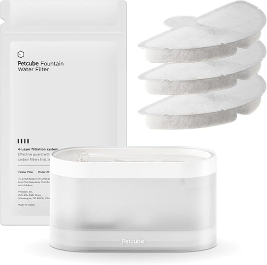 Petcube Bundle of Water Fountain with Ceramic Basin+3 Filters Pack | Automatic Wireless Fountain for Cats and Dogs, Easy to Clean, in-App Filter Control, Quiet Pump, Battery Operated