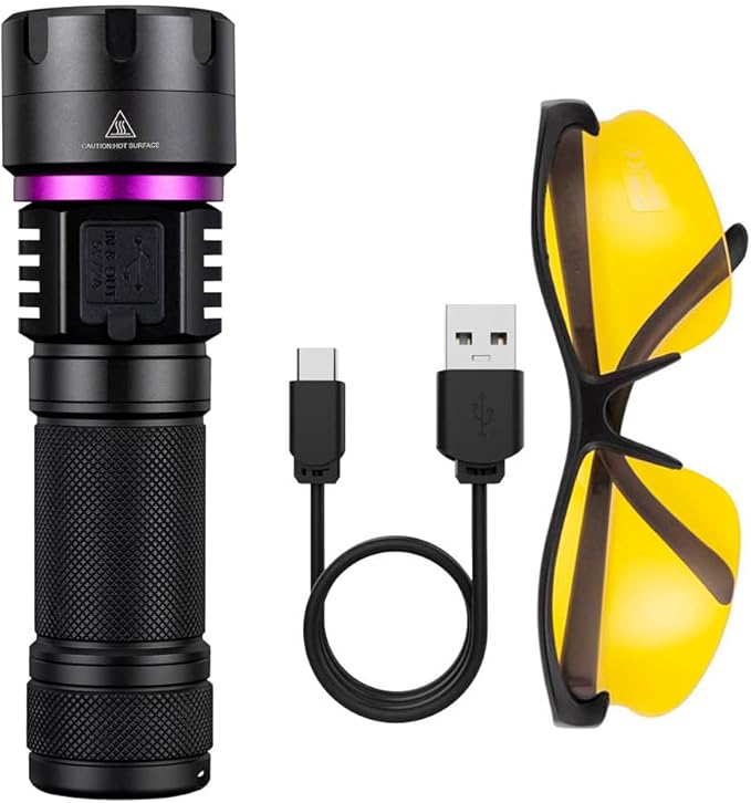 ALONEFIRE SV116 365nm UV Flashlight 60W Powerful Blacklight USB C Rechargeable Black Light for Pet Urine Detector, Scorpion, Resin, Bed Bug, Fishing with UV Protective Glasses, Rechargeable Battery