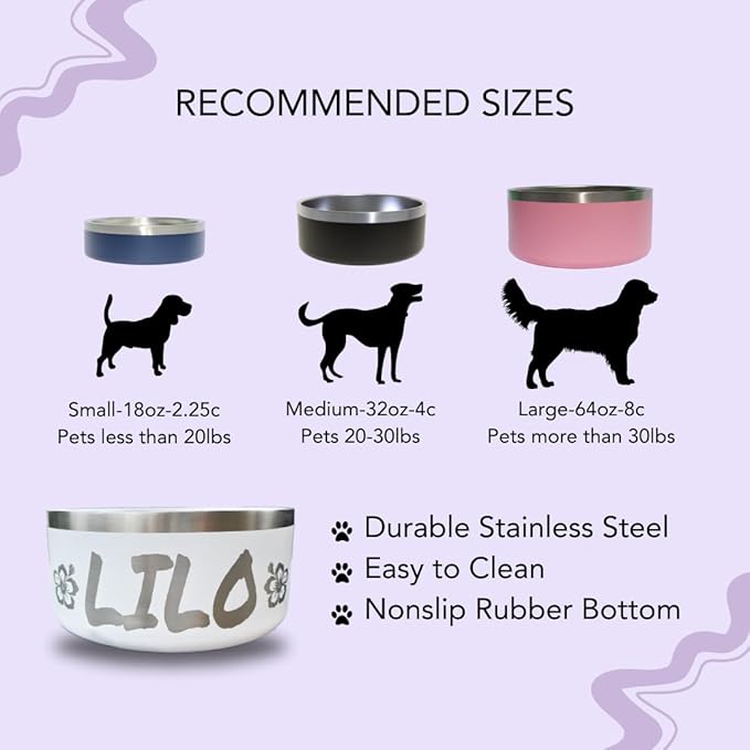 Custom Dog Bowl with Paws and Name - Engraved, Nonslip, Personalized, Custom Cat Bowl, 304 Stainless Steel, Feeding, Pet Supplies (Navy, Large -64oz)