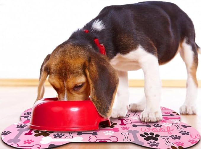 Dog Food Mats for Floors Waterproof, Pet Feeding Absorbent Water Bowl Mat Cat Placemats Pink Bone Shape 25.5 * 17 inch