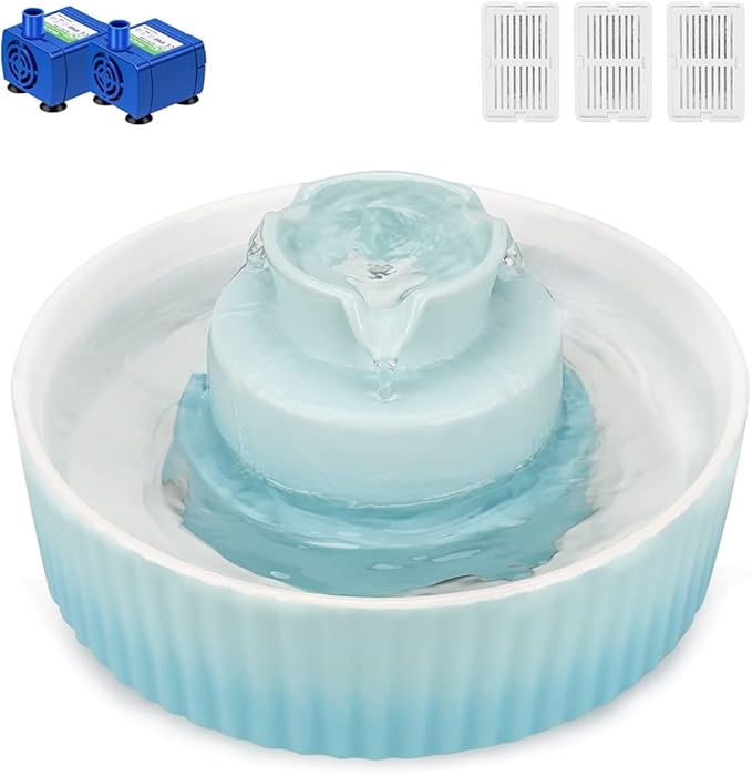 Ceramic Cat Water Fountain, 2.1L/71oz Cupcake Pet Fountain for Dog and Cat Indoor, 2 Ultra Quiet Pumps & 3 Carbon Filters