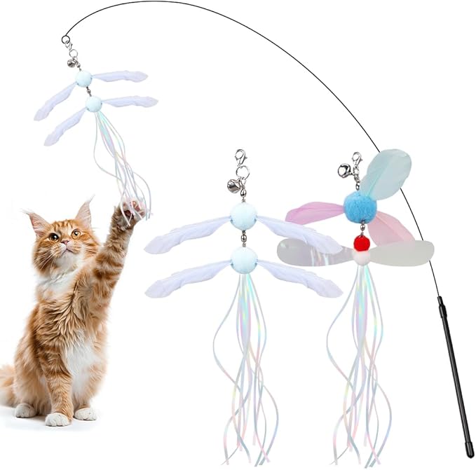 PAZ'S GIFT Cat Wand Toys, Interactive cat Feather Teaser Wand Toy with 2 Replacement Heads, Indoor cat Stick Toys
