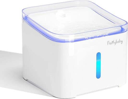furrybaby Cat Water Fountain Quiet,67oz/2.0L Water Fountains for Cats Indoor with LED Light and Water Level Window,Small Pet Water Dispenser - Pure White 
