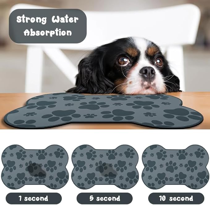 Dog Food Mats for Floors Waterproof, Pet Feeding Absorbent Water Bowl Mat Cat Placemats Gray Bone Shape 25.5 * 17 inch