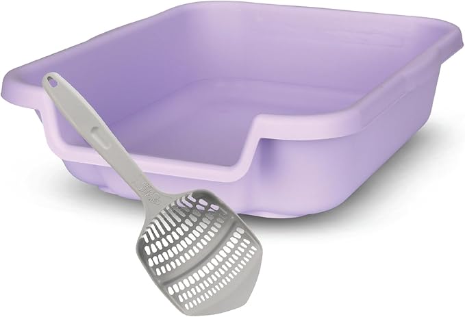 KittyGoHere Senior Cat Litter Box 1 Pack, Small Storybook Lavender Low Entrance Kitty Litter Box, Perfect for Senior and Arthritic Cats, Made in USA – Includes Long-Handle Jumbo Scoop