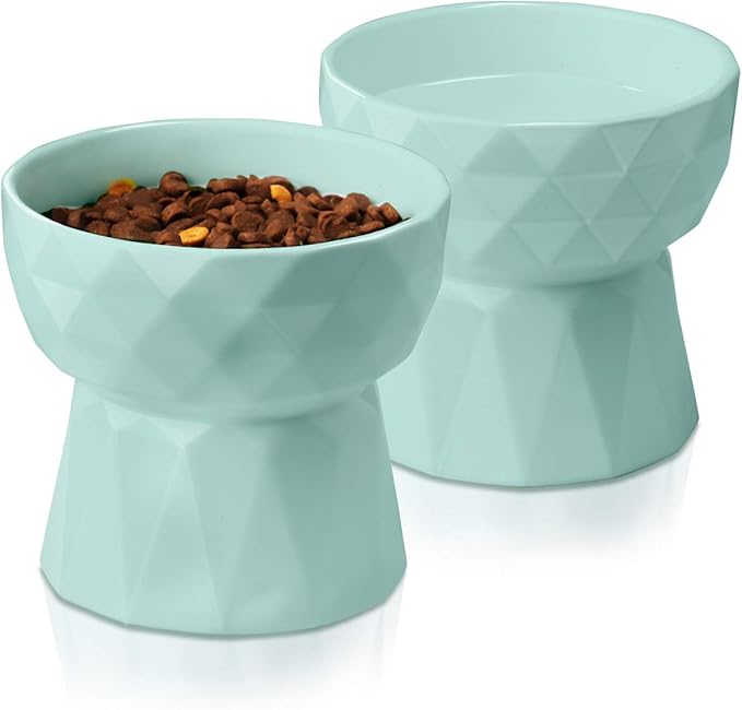 Frewinky Ceramic Cat Bowls Anti-Vomiting - Raised Food and Water Bowl Set for Cats and Small Dogs, 13.5 Oz, Green