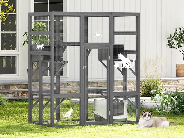 COZIWOW 70Inches Large Stable Spacious Wooden Catio Outdoor Cat Enclosure with Perches and Condos, Cat Cage Indoor with Waterproof Roof, 7 Platforms & 2 Resting Box, UV Resistant (Grey)