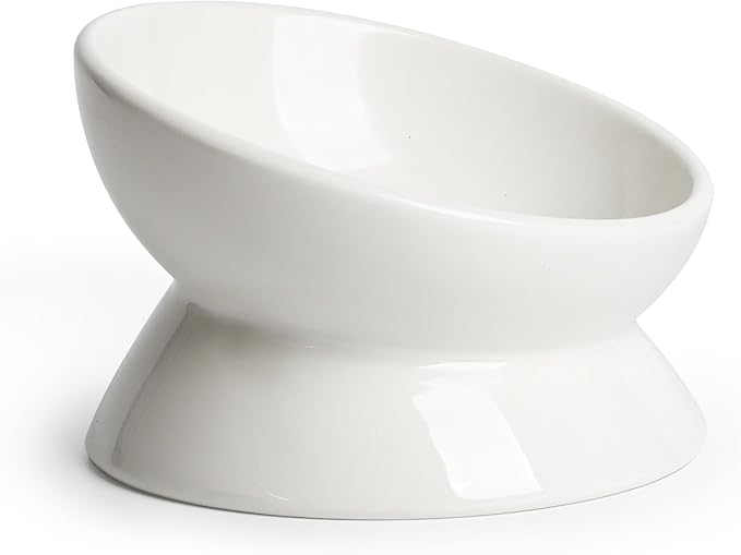 YauYik Cat Bowl Elevated Tilted - Ceramic Raised Cat Food Bowl for Cats and Small Dogs - 6 Inches Stress Free Whisker Friendly Pet Dish, Anti Vomit & Reduce Neck Burden Feeding, White, 10 Oz