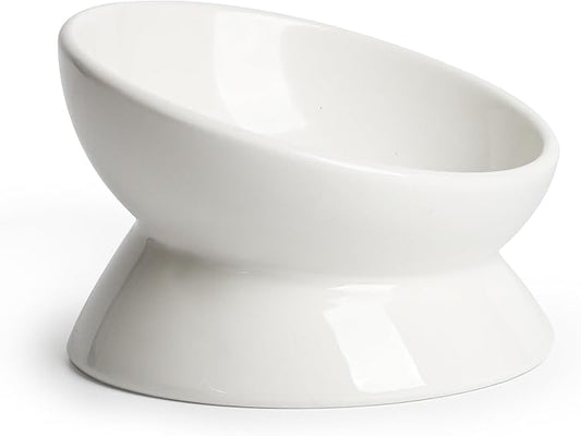 YauYik Cat Bowl Elevated Tilted - Ceramic Raised Cat Food Bowl for Cats and Small Dogs - 6 Inches Stress Free Whisker Friendly Pet Dish, Anti Vomit & Reduce Neck Burden Feeding, White, 10 Oz