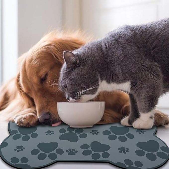 Dog Food Mats for Floors Waterproof, Pet Feeding Absorbent Water Bowl Mat Cat Placemats Gray Bone Shape 25.5 * 17 inch