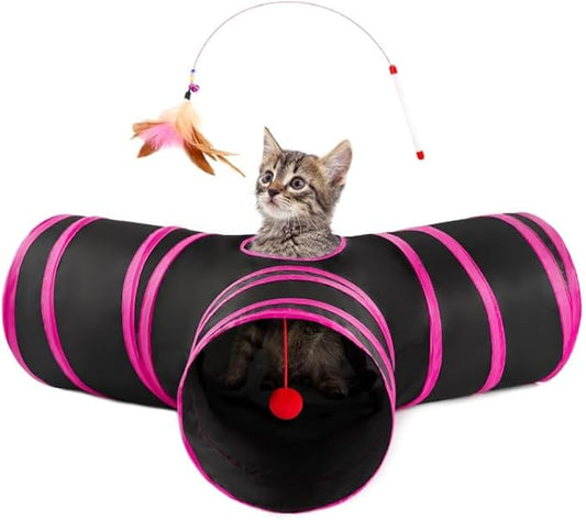Pet Cat Tunnel Tube Cat Toys 3 Way Collapsible, Tunnels for Indoor Cats,Kitty Bored Peek Hole Toy Ball Cat, Puppy, Kitty, Kitten, Rabbit