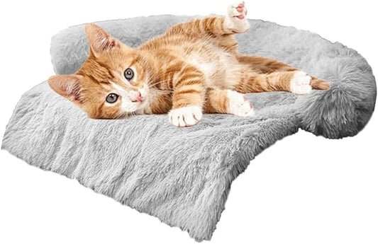 Calming Dogs/Cats Bed Mats, Dog Pad Washable Removable Couch Cover, Plush Long Fur Mat for Pets, Waterproof Lining, Perfect for Small, Medium and Large Dogs and Cats (Light Gray, 21"x21")