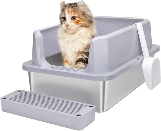 RIZZARI Large Stainless Steel Cat Litter Box: Open Top Leak-Proof Large Cat Pan - Odor Control for Indoor Multi-Cat Homes (Silver, 23.8" L*16" W*12" H)