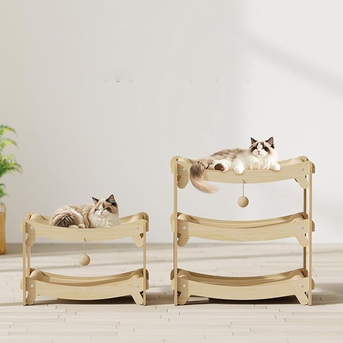 Multi-Level Sisal Cat Scratcher Bed | 2 & 3-Tier Wooden Cat Tower with Sisal Scratching Surface | Wood Pet Furniture (Medium)