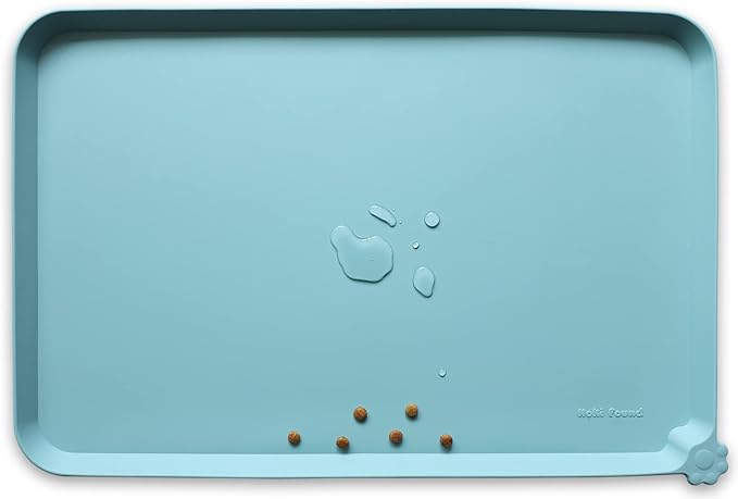 Hoki Found L Silicone Non Slip Pet Food Tray - Dog Cat Bowl Mats - Waterproof Dog Cat Food Mats for Carpet - Light Turquoise