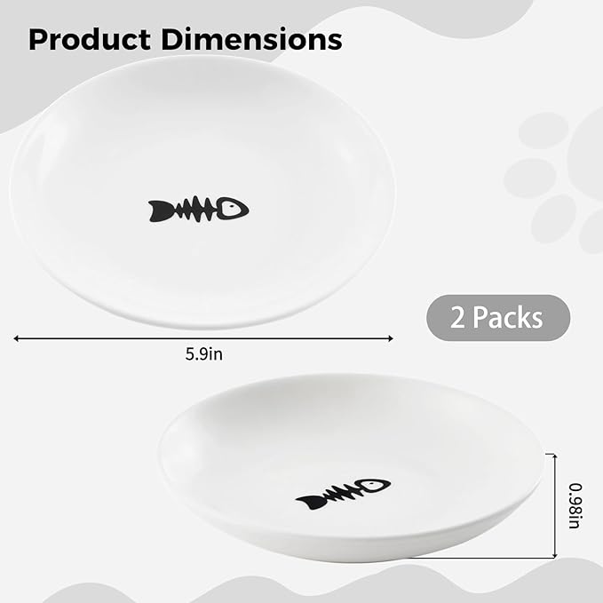 Cute Fish Bone Design Cat Bowls - Wide & Shallow Ceramic Feeding Dishes for Wet & Dry Food, Kittens to Cats
