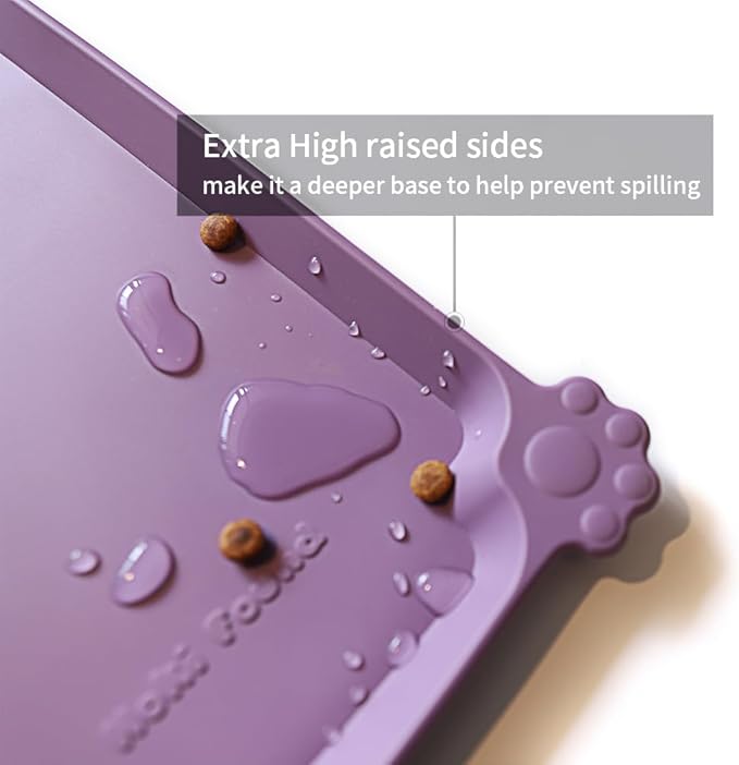 Hoki Found Large High-Sided Silicone Pet Food Tray - Non-Slip Bowls Placemat - Dog and Cat Feeding Mat - Waterproof - Amethyst