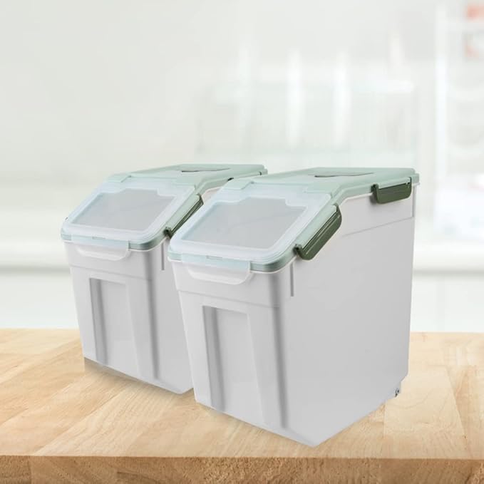 AnRui Airtight Flour Storage Container 25lb, Plastic Grain Storage Bucket, Rice Cereal Dispenser Organizer Box with Lid, Cat Dog Food Storage Bin with Measuring Cup, Scoop, Wheels, 2Pcs Green