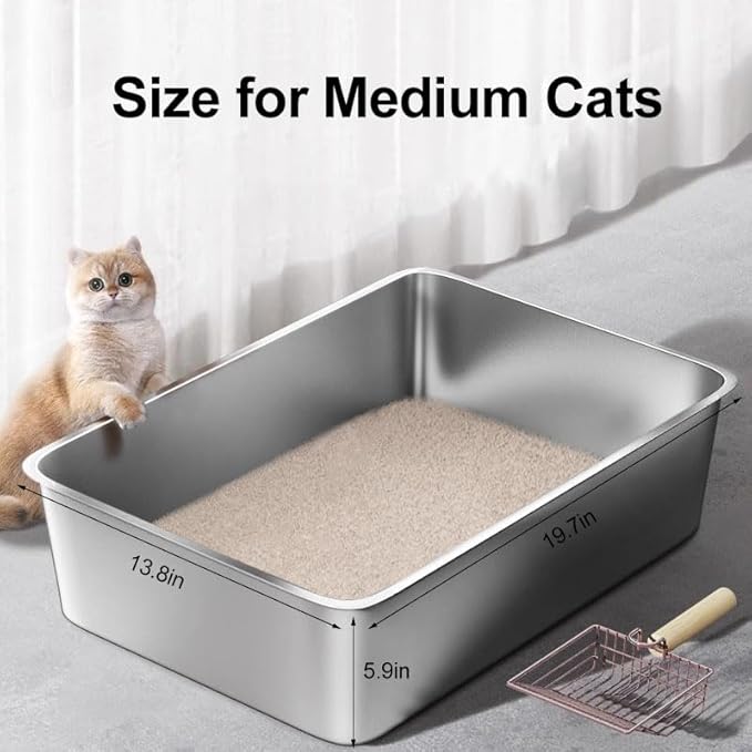 Stainless Steel Cat Litter Box, Medium Metal Litterbox, 2-Pack Stainless Steel Litter Tray Pan for Medium Cats, 19.7" Lx13.8 W x5.9 H, No Odour Absorption,Easy to Clean, Rustproof, Leakproof
