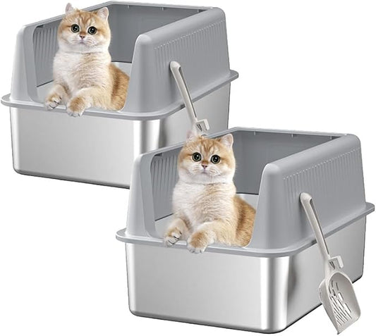 2PACK Stainless Steel Cat Litter Box with Lid,19.7” L x 13.8” W x 11.8”H Deep,Large Metal Litter Box with High Side,for Small and Large Cats,Anti-Leakage Non-Sticky Include Litter Scoop