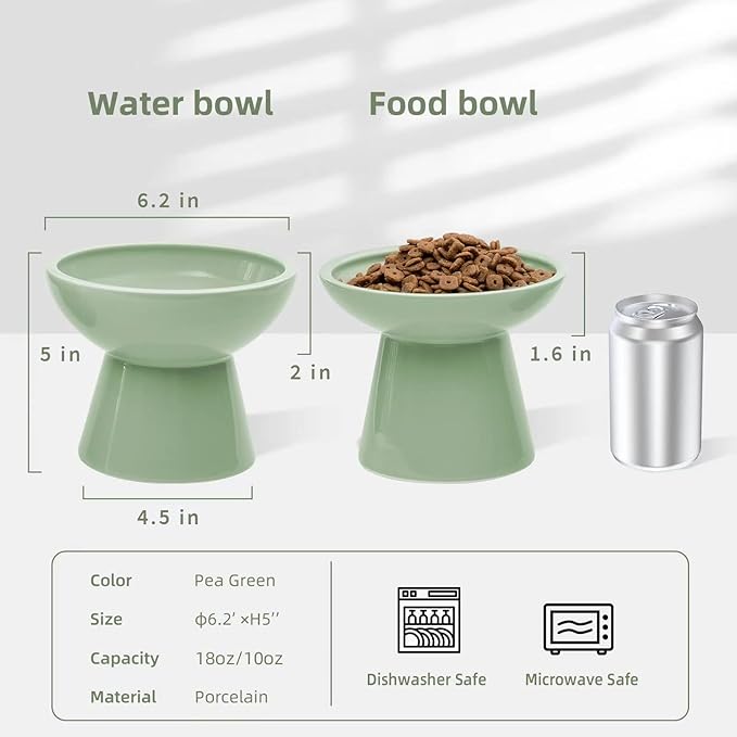 2 Elevated Ceramic Cat Bowls Extra Wide for Food & Water – Whisker Fatigue Shallow Food Dish, Lead & Cadmium-Free, Raised Height for Cats, Sage Green