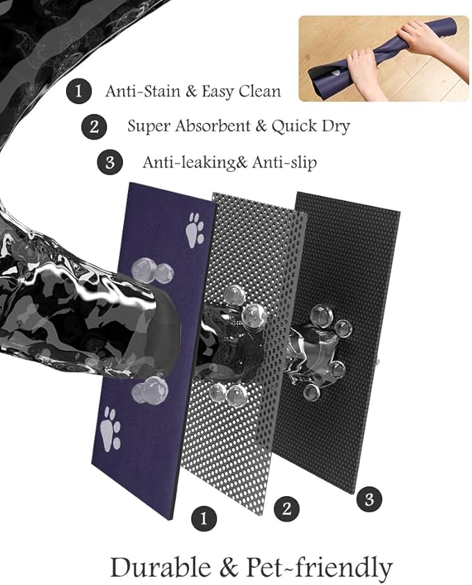 Pet Feeding Mat-Absorbent Dog Mat for Food and Water Bowl-No Stains Quick Dry Water Dispenser Mat-Dog Accessories Pet Supplies-Bowl for Messy Drinkers(Navy,12"x19"