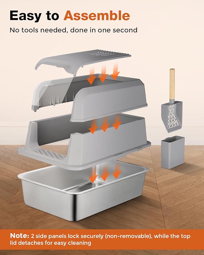 Stainless Steel Litter Box with Lid - Extra Large Cat Litter Boxes for Big Cats with Mat & Scoop - Anti-Leakage, Odor-Proof, High-Sided, Non-Stick& Easy to Clean - Ideal for Multi-Cat Homes - Gray
