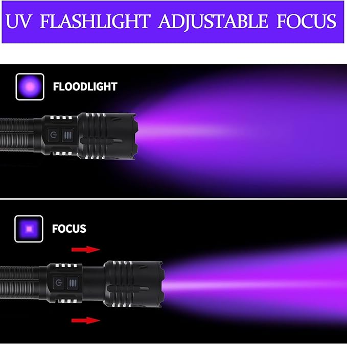 Zoomable 365nm UV Flashlight - High Lumen Rechargeable Tactical Blacklight, Bright Handheld Detector for Rock Hunting/Resin Curing/Pet Urine/Scorpion Tracking, Waterproof Camping Flash Light
