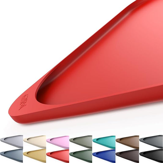 Silicone Pet Feeding Mat with Raised Edge & Residue Collection Pocket for Food and Water, Dog Bowl Mats, Cat Bowls Placemat with High Lip for Floor Waterproof, 19 x 12 x 0.7 Red