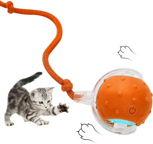 Electric Interactive Cat Toy Ball - Automatic Rolling Silicone Cat Toys for Indoor Cats, Durable Chew-Proof Motorized Kitty Ball with LED Light, Fun Exercise Toys for Bored Kittens(Orange)