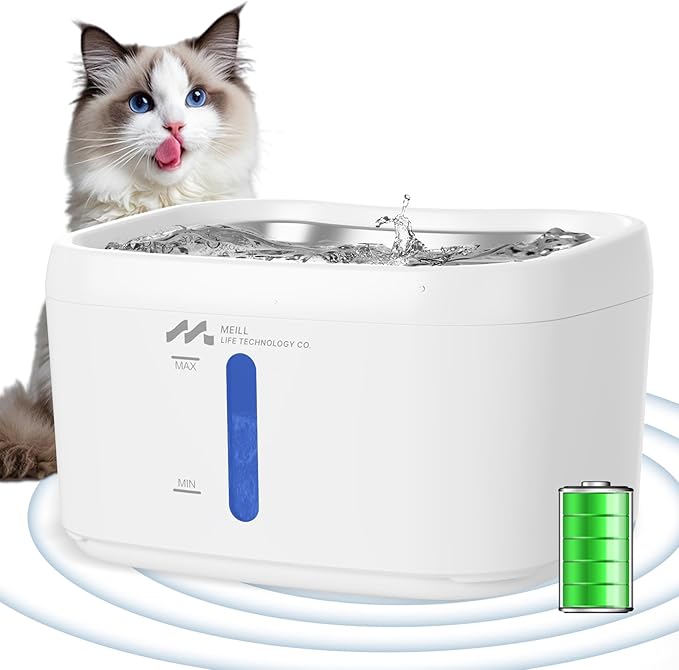 Meill Wireless cat Water Dispenser with 220° Motion Sensor & Quiet Pump, 85oz/2.5L Capacity, Battery Operated for Indoor and Outdoor use,Stainless Steel Drinking Tray, no Cleaning Hassle