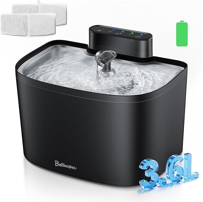 Cat Water Fountain, 122oz/3.6L Pumpless Cat Fountain, Cordless Water Fountains for Cats Indoor, Dog Pet Water Fountain Battery Operated with Stainless Steel Tray (Black, Fountain+2 Fliters)