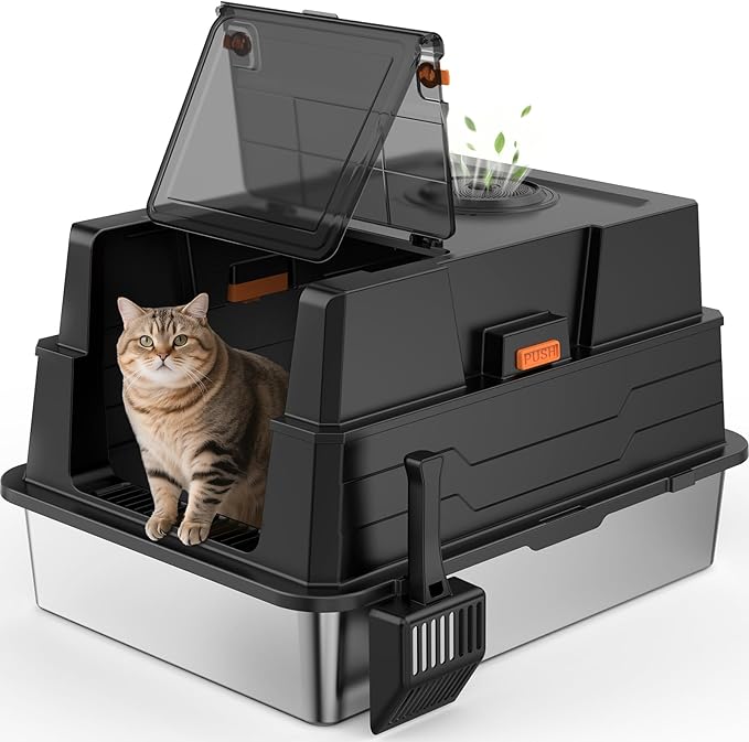 Extra Large Enclosed Stainless Steel Cat Litter Box with Lid - XXXL Giant Metal Enclosed High Sides Litter Boxes for Multi-Cat Households and Overweight Cats - Black