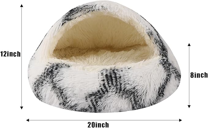 Round Hooded Cat & Dog Bed with Cover Cave, Faux Fur Cuddler, Self Warming Donut Bed (Grey White, 20" x 20")