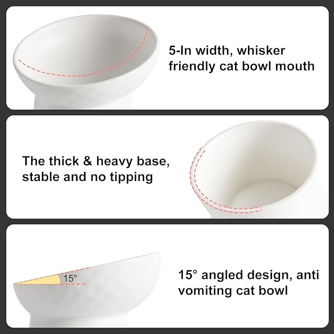 YauYik 4 Pcs Ceramic Raised Cat Bowls, Tilted Elevated Cat Food Bowl, Stress Free, Whisker Fatigue, Backflow Prevention, Dishwasher and Microwave Safe, Food and Water Feeding Bowls Set, White