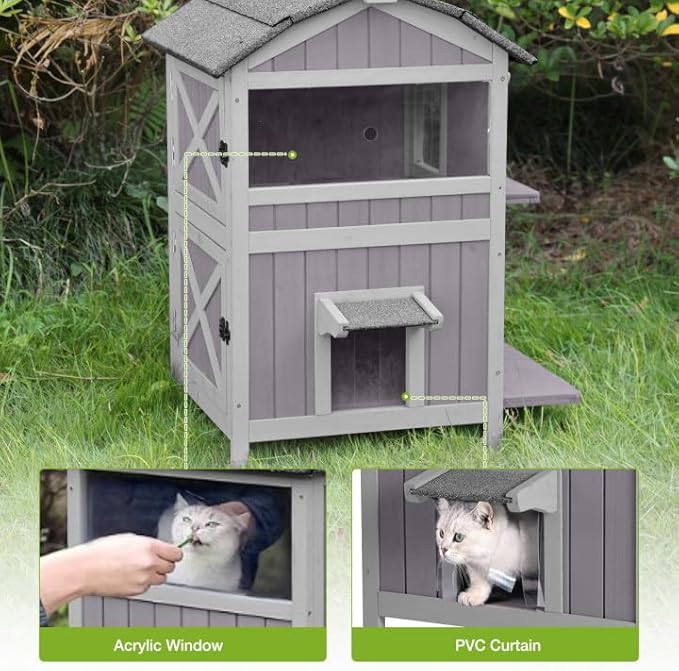 GUTINNEEN Cat House Outdoor Weatherproof Feral Cat Shelter with Removable Floor, 2-Story Wooden Kitty House with Escape Doors and Window