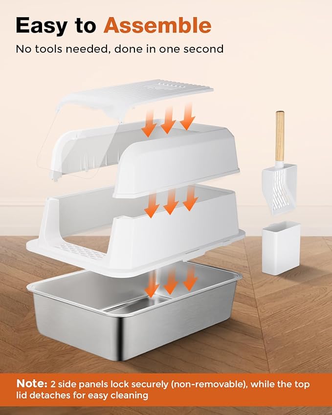 Stainless Steel Litter Box with Lid - Extra Large Cat Litter Boxes for Big Cats with Mat & Scoop - Anti-Leakage, Odor-Proof, High-Sided, Non-Stick& Easy to Clean - Ideal for Multi-Cat Homes - White