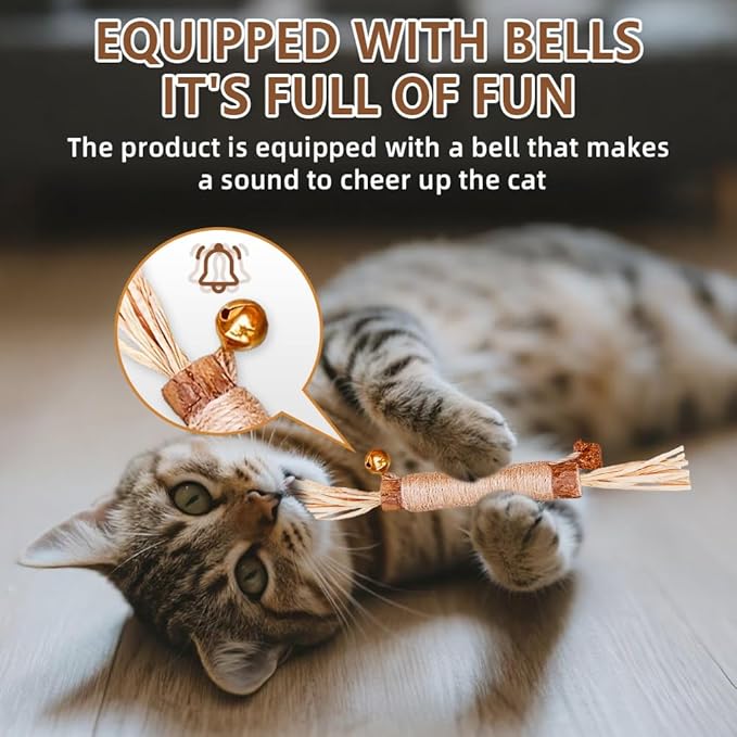 Natural Dried Matatabi Cat Chew Stick with Gall Fruit, Raffia Grass & Bell Ball Toys for Cat, Silvervine Sticks Interactive Catnip Toy for Teething & Entertainment(Size L Color G)
