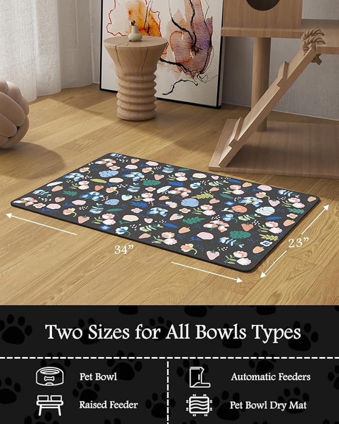 Pet Feeding Mat-Absorbent Dog Mat for Food and Water Bowl-No Stains Quick Dry Water Dispenser Mat-Dog Accessories Pet Supplies-Bowl for Messy Drinkers(DARKFLOWERS,23"x34"