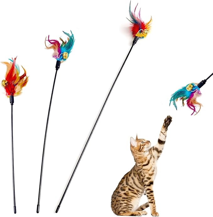 Cat Feather Toys, Cat Toy with Elastic Turkey Feathers, Interactive Teaser Wand with Bell, Durable Flexible Rod for Playful Kittens and Cats, Indoor Entertainment for Pets (1 Sets)