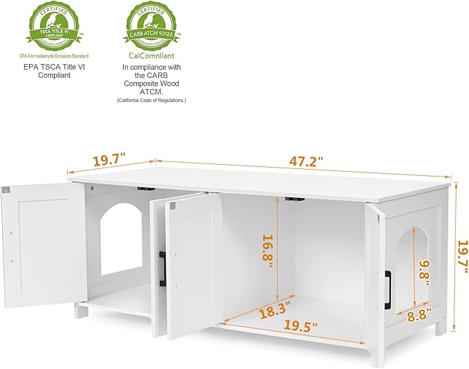 Homhedy Cat Litter Box Enclosure For 2 cats, Litter Box Furniture Hidden with Double Room,Wooden Cat Washroom Furniture,Cat House,47.2”L x 19.7”W x 19.7”H,White