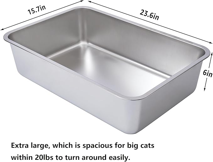 Stainless Steel Litter Box XL, Metal Cat Litter Box High Sides,23.6"x15.8"x6" (Deep) Extra Large Stainless Steel Cats Litterbox for Big/Fat Cats/Kitty Indoor, Non Stick No Smell Easy Clean