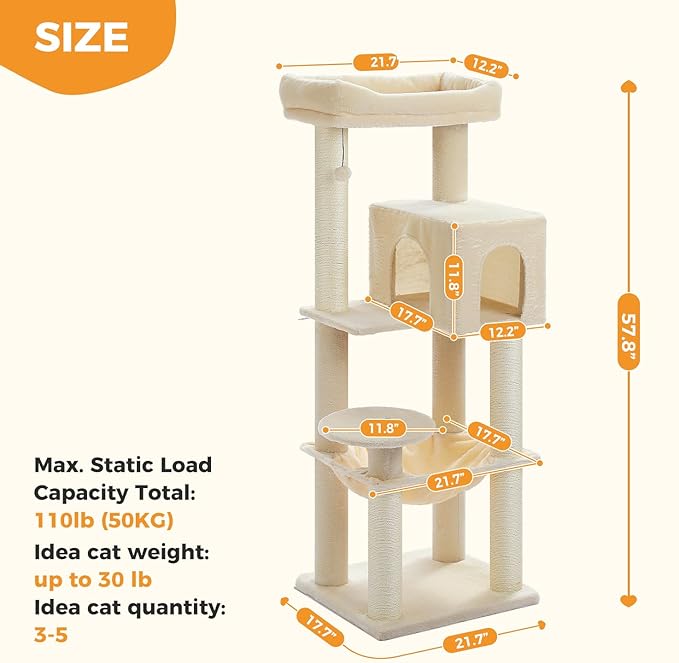 Large Cat Tree with Reinforced Scratching Posts (φ3.7in) for Big Adult Cats 30 lbs, 57.8" Heavy Duty Cat Tower with Larger Hammock and Condo, Cat Furniture for Maine Coon, Plush,Beige