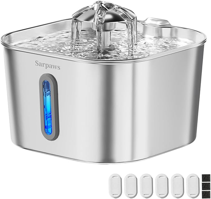 Cat Water Fountain Stainless Steel:74oz/2.2L Water Fountains for Cats Indoor, Cat Fountains for Drinking, Ultra-Quiet, Water Level Window, Pet Water Fountain - 6 Filters + 3 Sponges