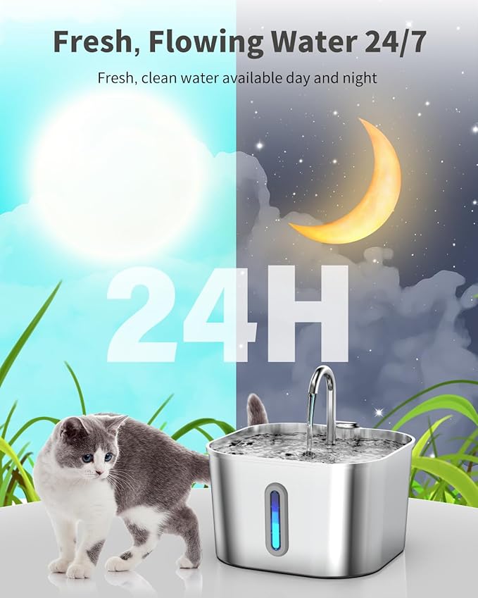 Cat Water Fountain Stainless Steel, 74oz/2.2L Automatic Cat Drinking Fountain, Pet Water Dispenser with Quiet Pump, Suitable for Cats, Dogs and Multi-pet households