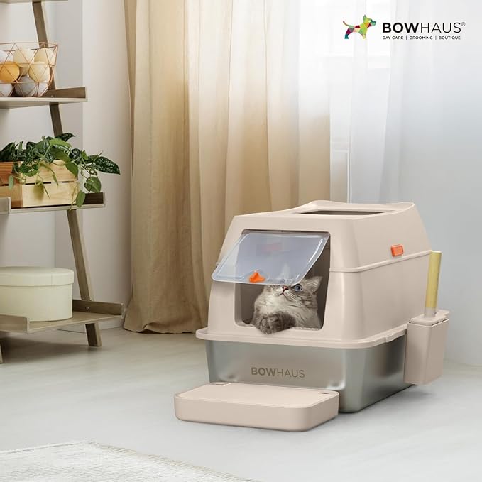 XL 3 in 1 Enclosed Extra Large Metal Litter Box w/Lid, Stainless Steel Cat Litter Box, Odorless Steel Litter Pan, Anti-Leakage & Easy Clean, High Sided Metal Litter Box w/Scoop, Beige